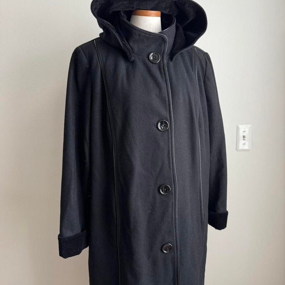 Vintage 90s Black Overcoat Piping Detail Velvet Hood - Picture 2 of 5